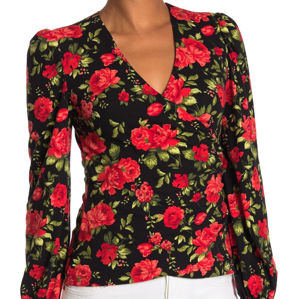 🌹NWT🌹BY DESIGN VICTORIA PRINTED WRAP BLOUSE TOP XL Red Floral Roses